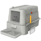 Bac à Litière pour Chat 80L en Inox avec Couvercle Rabattable à 180°, Tiroir Coulissant, Pelle, 63x43x43cm, Gris Clair-0