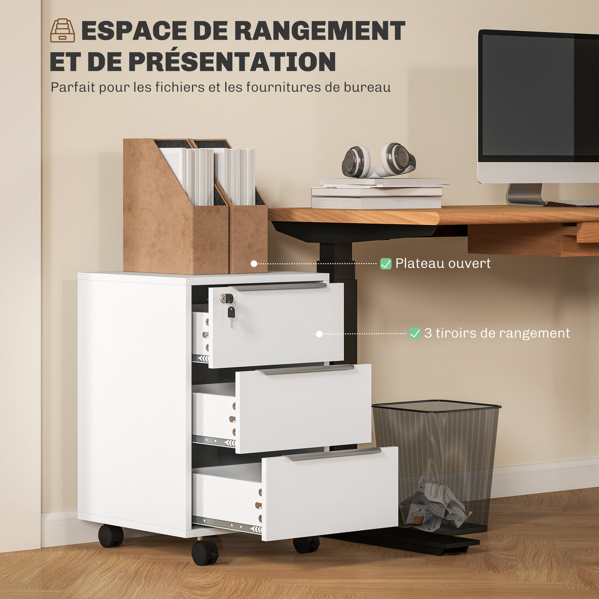 Caisson de bureau à roulettes avec 3 tiroirs et serrure pour dossiers 40 x 40 x 63,5 cm blanc-3