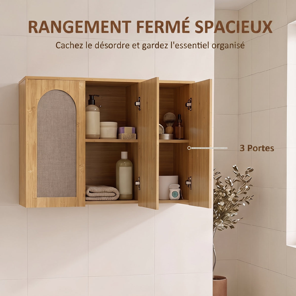 Armoire murale de salle de bain bohème avec 3 portes effet rotin à fermeture douce et étagère réglable, chêne-4