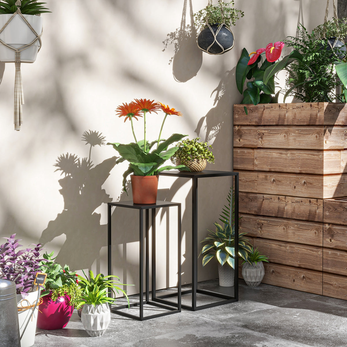Lot de 2 supports pot de fleurs encastrables 2 hauteurs différentes 58,5 et 65 cm - acier noir-1