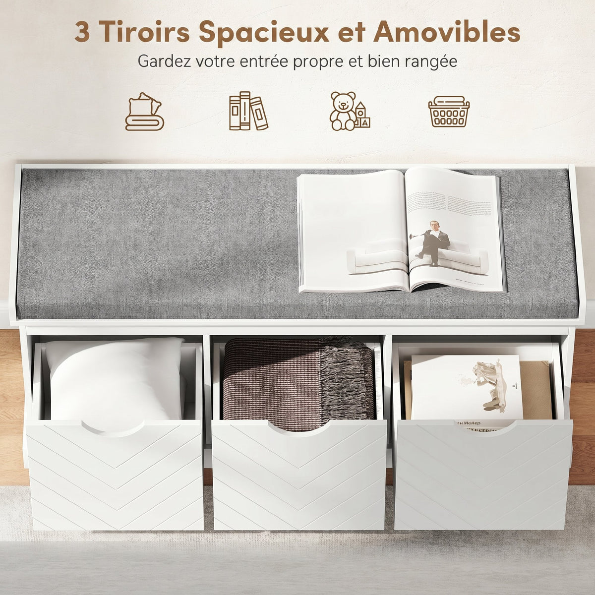 Banc chaussures entrée, banc de rangement avec 3 tiroirs amovibles et coussin rembourré en tissu aspect lin, blanc-4