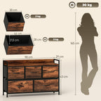 Commode, meuble de rangement avec 5 tiroirs en tissu pliables, plateau et cadre en acier, 98 x 29 x 63 cm, brun rustique-2