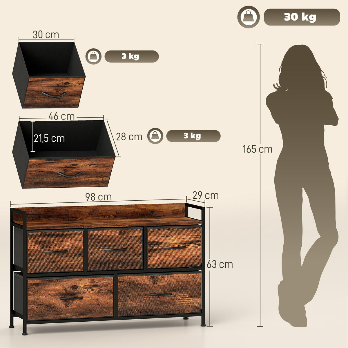 Commode, meuble de rangement avec 5 tiroirs en tissu pliables, plateau et cadre en acier, 98 x 29 x 63 cm, brun rustique-2