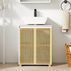 Meuble sous lavabo salle de bain - placard à portes à lattes en bambou, 60 x 30 x 75 cm, effet bois naturel-8