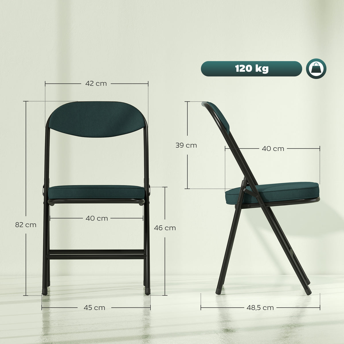 Lot de 4 chaises pliantes chaises de salle à manger portables avec assises et dossiers rembourrés en velours côtelé bleu-2