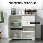 Meuble rangement buffet commode armoire 2 tiroirs 2 placards portes, étagères chambre, 79x36x74cm blanc-3