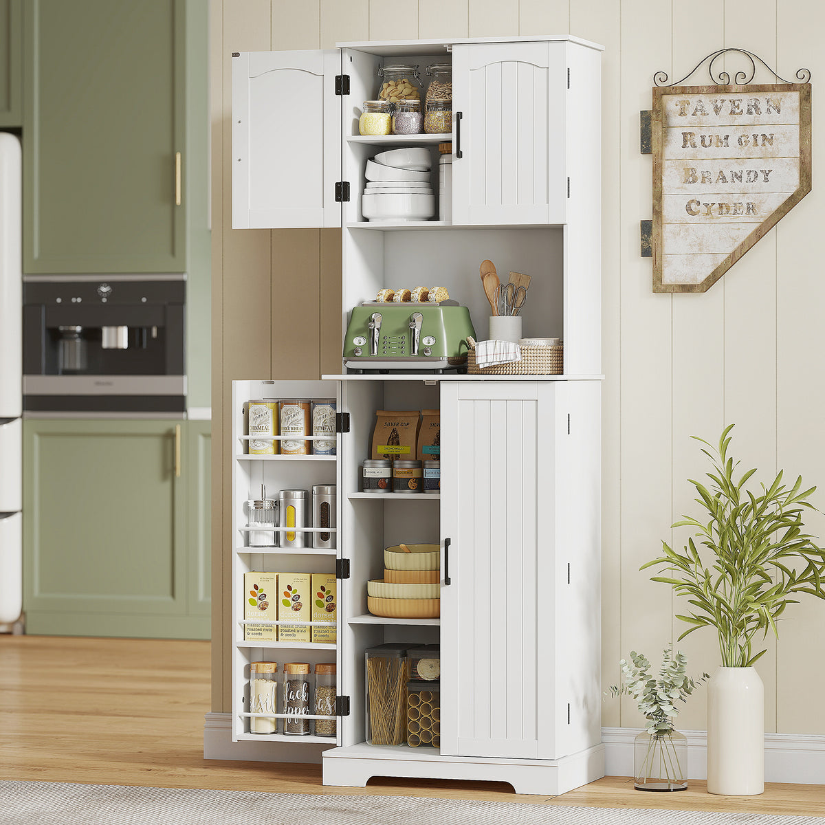 Buffet haut cuisine armoire de cuisine, 4 portes plan de travail 8 porte-épices étagères réglables 60x40x181,5cm blanc-9
