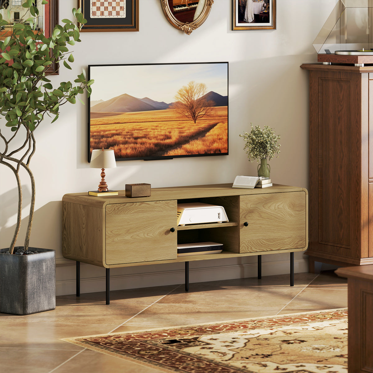 Meuble TV, meuble télé jusqu'à 55 pouces avec 2 portes, 2 compartiments ouverts, pieds en acier, 120x40x50cm, chêne-7