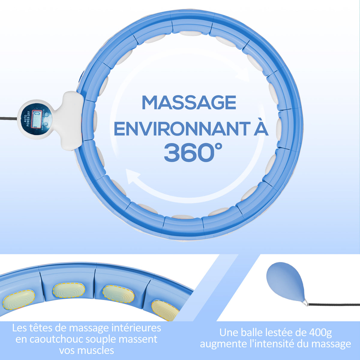 Hula Hoop Cerceau avec Picots de Massage ajustable de 76 à 113 cm de tour de taille 16 segments amovibles, bleu clair-3