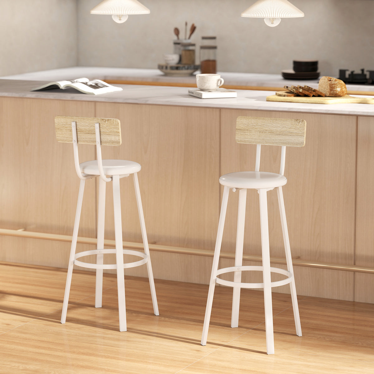 Lot de 2 tabourets de bar, chaises de bar, assise rembourrée 75,5H cm, dossier et repose-pieds, bois naturel et blanc-8