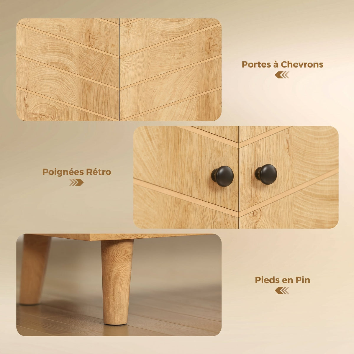 Buffet Cuisine, Meuble de Rangement avec 3 Portes à Motif Chevron et Pieds en Bois de Pin, 88,3x30x76cm, Bois Naturel-6