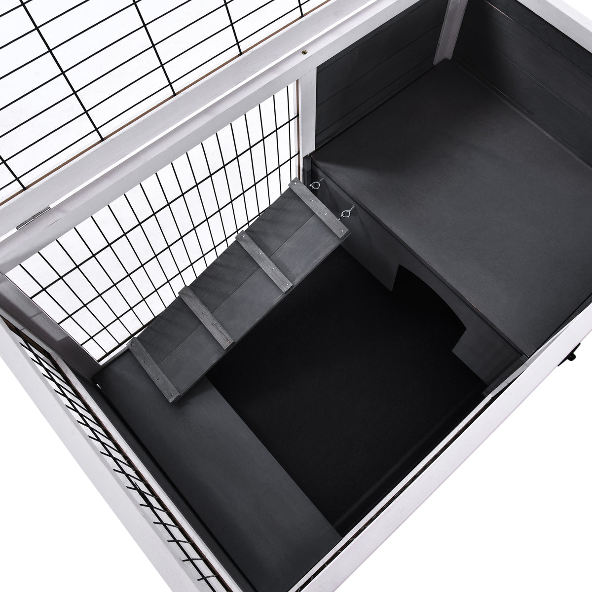 Clapier lapin intérieur, cage à lapins avec toit ouvrant, roulettes, plateau amovible et rampe, cage en bois, 90 x 53 x 59 cm, gris foncé et blanc-7