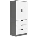 Armoire chambre penderie avec 2 portes à fermeture douce, 3 tiroirs et barre de suspension, 80x50x180cm, gris et blanc-0