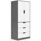 Armoire chambre penderie avec 2 portes à fermeture douce, 3 tiroirs et barre de suspension, 80x50x180cm, gris et blanc-0