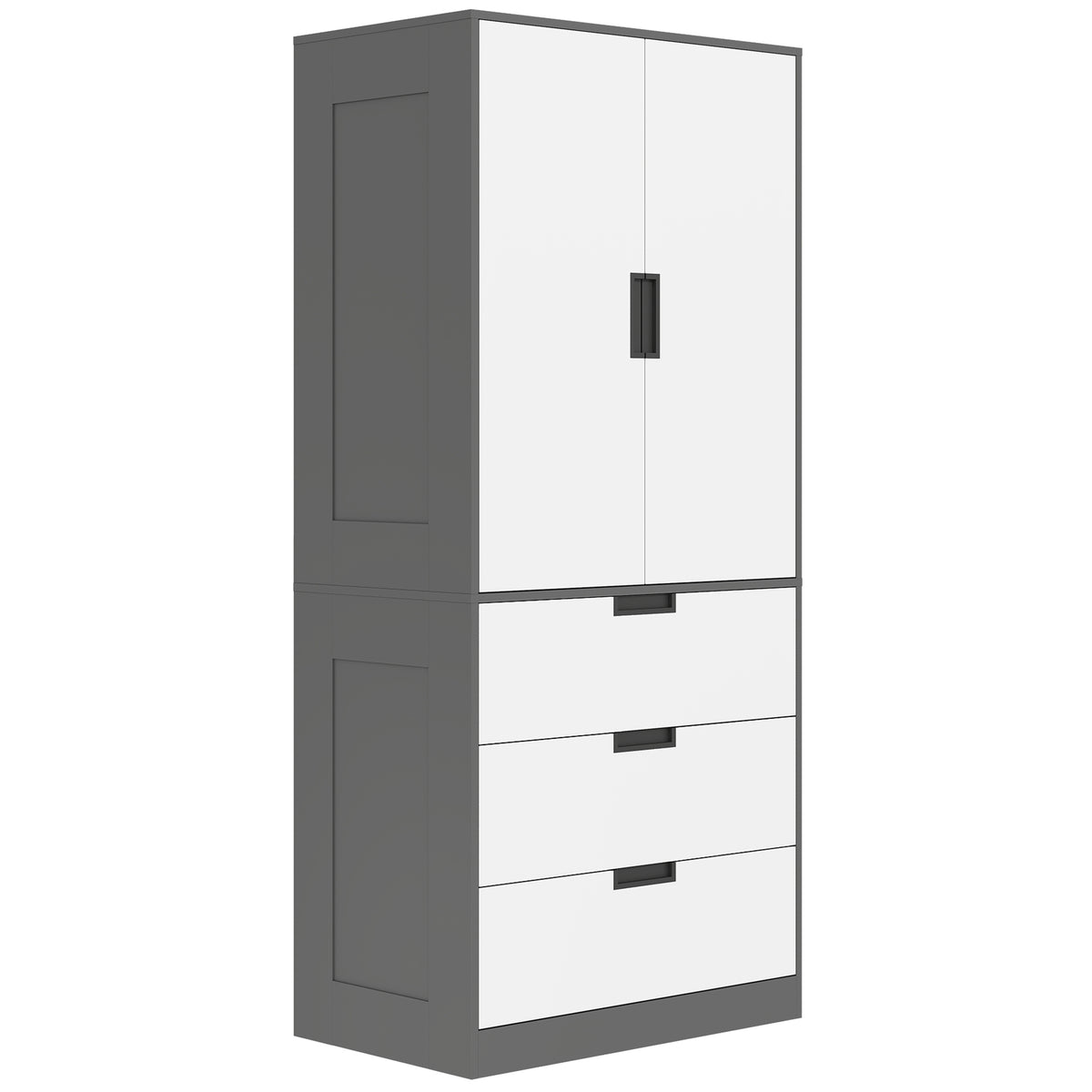 Armoire chambre penderie avec 2 portes à fermeture douce, 3 tiroirs et barre de suspension, 80x50x180cm, gris et blanc-0