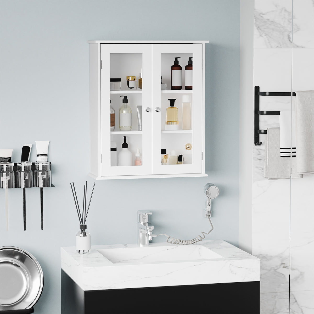 Armoire murale de salle de bain, meuble haut salle de bains avec 2 portes en verre, étagère réglable, 55x20x65cm, blanc-1