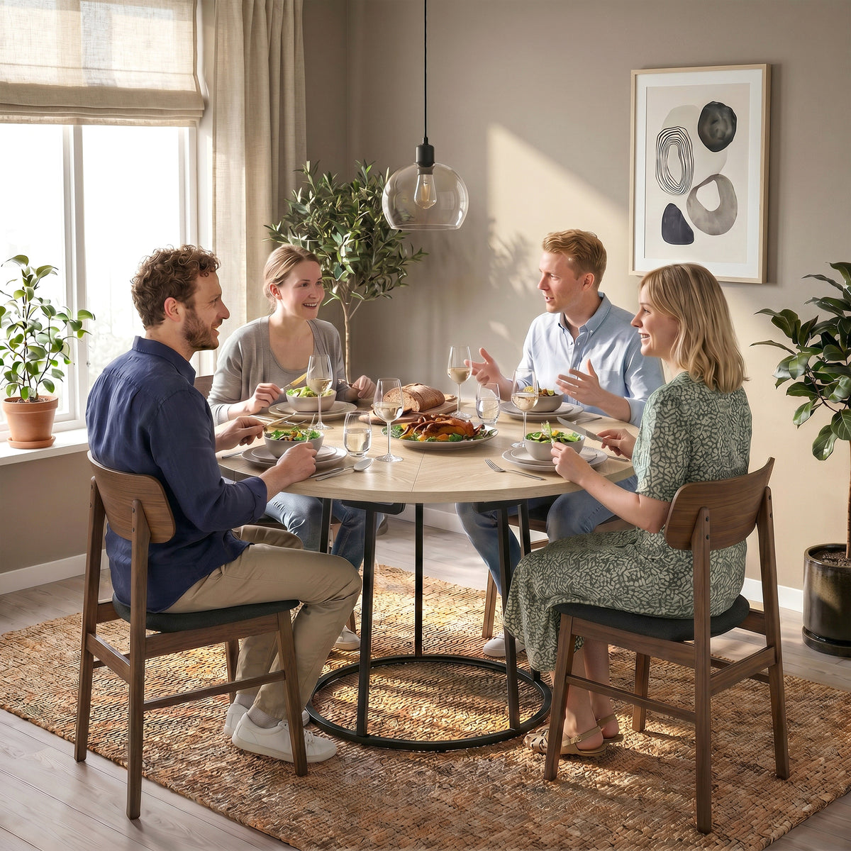 Table à Manger Ronde pour 4 à 6 Personnes, Ø 120 x 75 cm, Table de Cuisine avec Piétement Conique en Métal, Bois Naturel-6