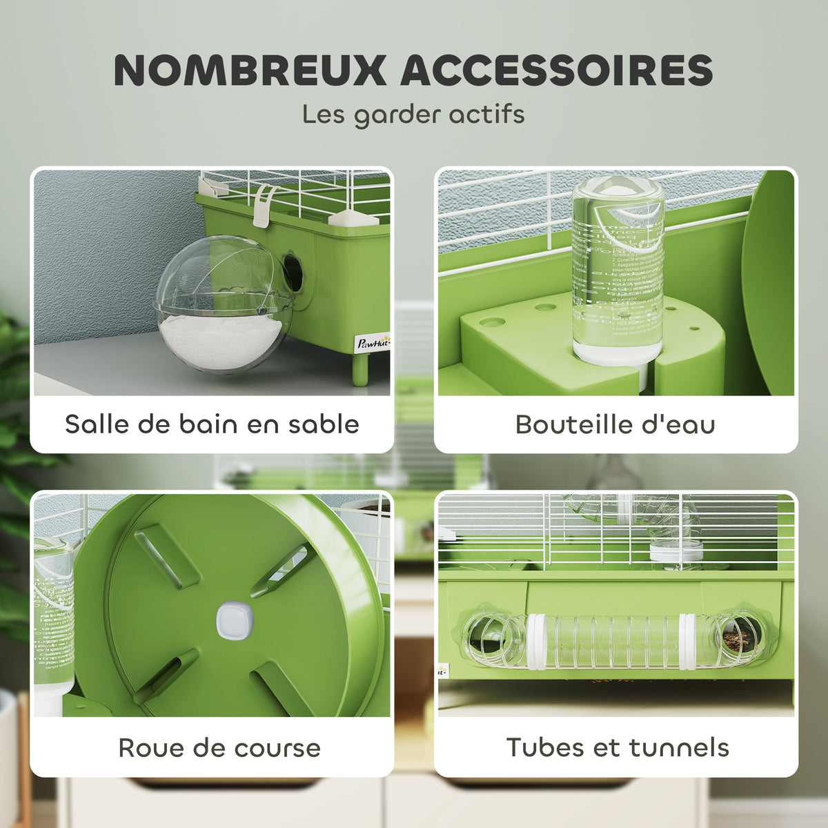 Cage pour hamster à 2 niveaux avec roue de course salle de bain en sable pour hamster nain 44,5 x 28 x 44 cm vert-4
