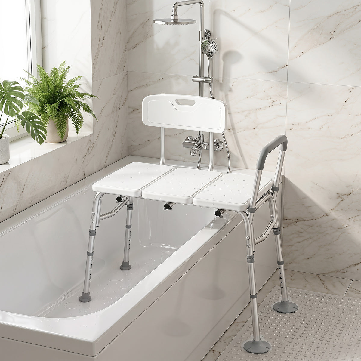 Banc de Transfert Baignoire, Hauteur Réglable à 10 Niveaux, Large Assise, Dossier, Accoudoir, 86x60x89-101cm, Blanc-8