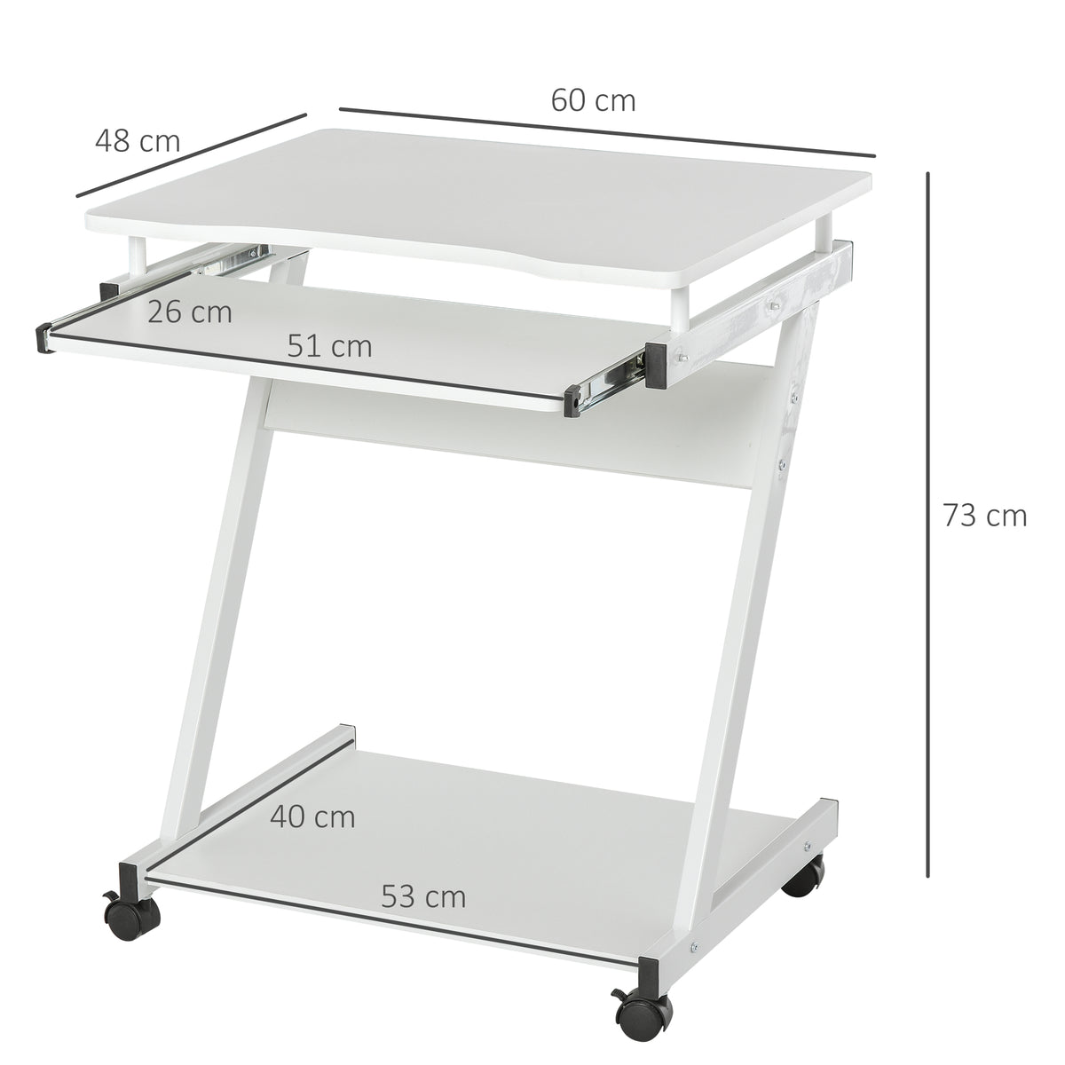 Bureau Informatique Roulant - Bureau Mobile - Table d'ordinateur - Tablette coulissante Clavier + étagère - Blanc-2