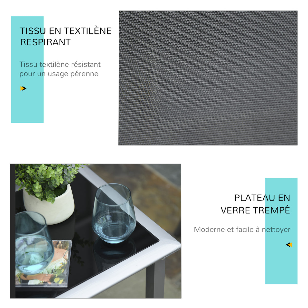 Lot de 2 bains de soleil design contemporain table basse plateau verre trempé métal époxy textilène gris foncé-4