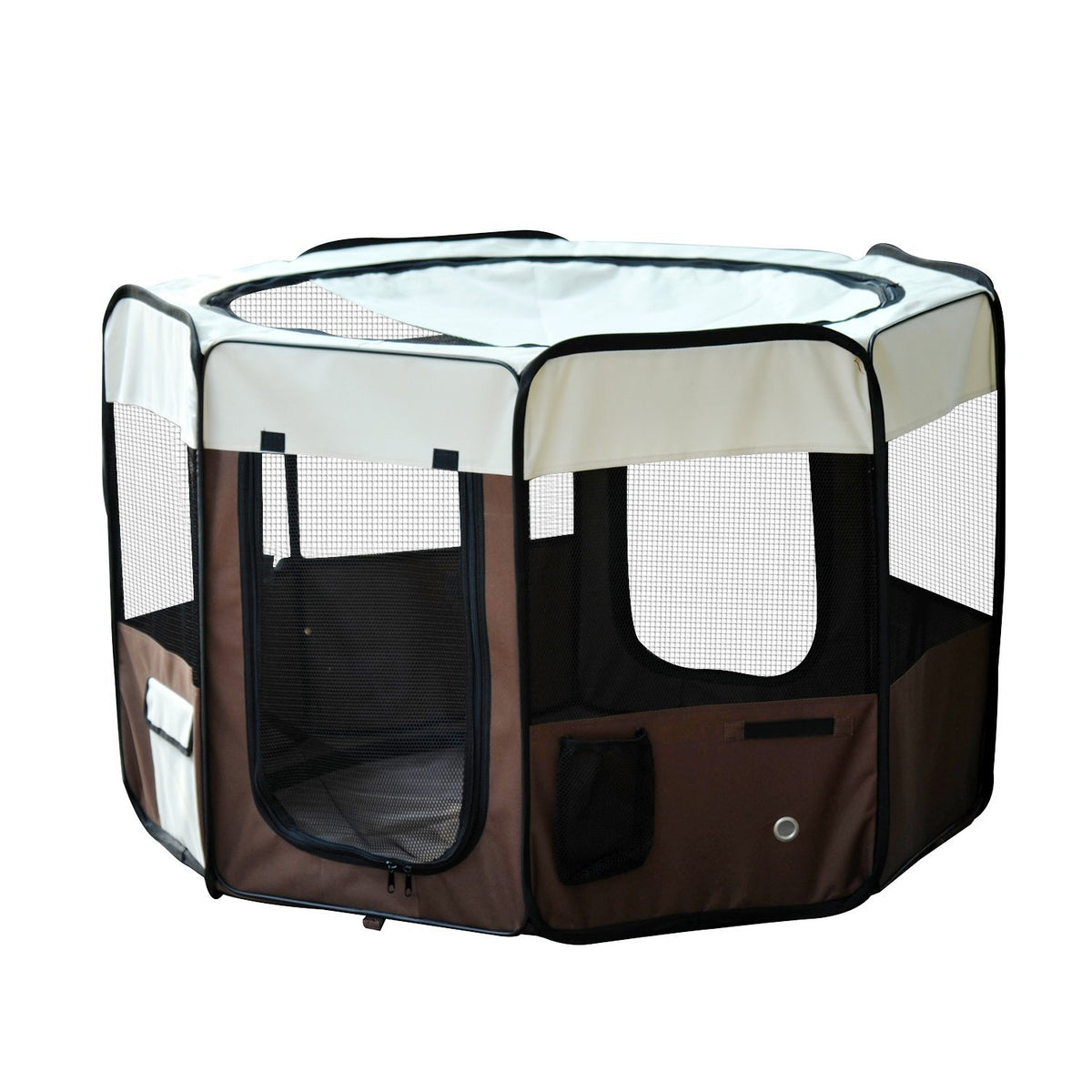Parc enclos pliable pour chien chat petits animaux octogonal en tissu Oxford et acier Ø 90 x 41H cm marron beige-0