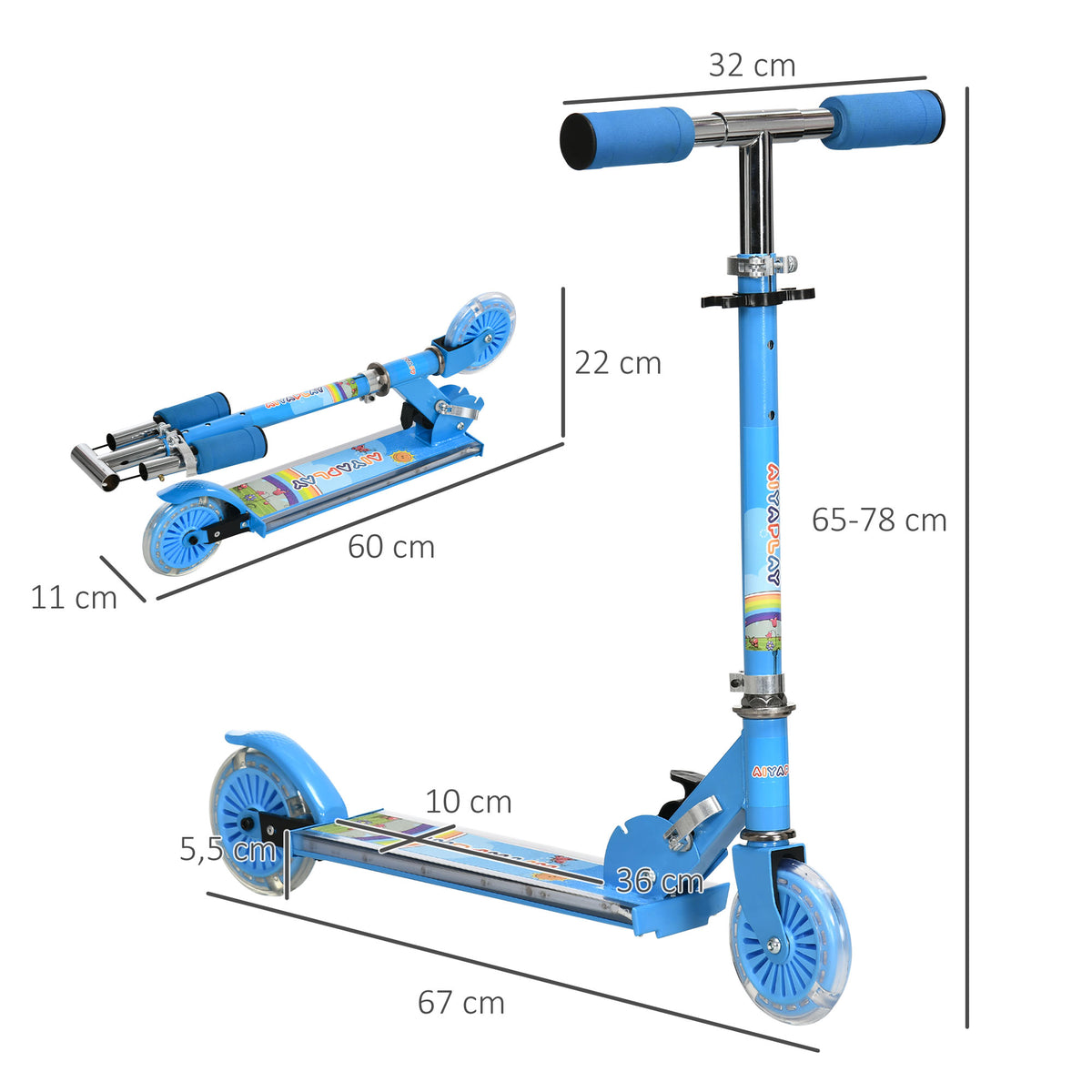 Trottinette pour enfants de 3 à 7 ans pliable roues lumineuses en PU musique 67 x 32 x 78 cm bleu-2