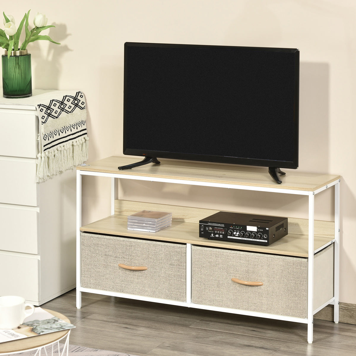 Meuble TV Bas sur Pieds Style Industriel 2 tiroirs en Tissu Gris Bois Naturel et métal Blanc-9