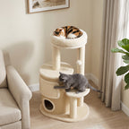 Arbre à Chat Multi-Niveaux avec Tonneau, Double Niche, Lit, Plateforme, Poteaux à Griffer en Sisal, 55x39x90cm, Beige-8