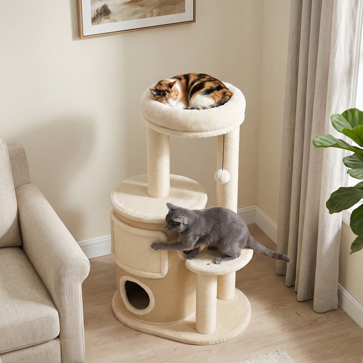 Arbre à Chat Multi-Niveaux avec Tonneau, Double Niche, Lit, Plateforme, Poteaux à Griffer en Sisal, 55x39x90cm, Beige-8