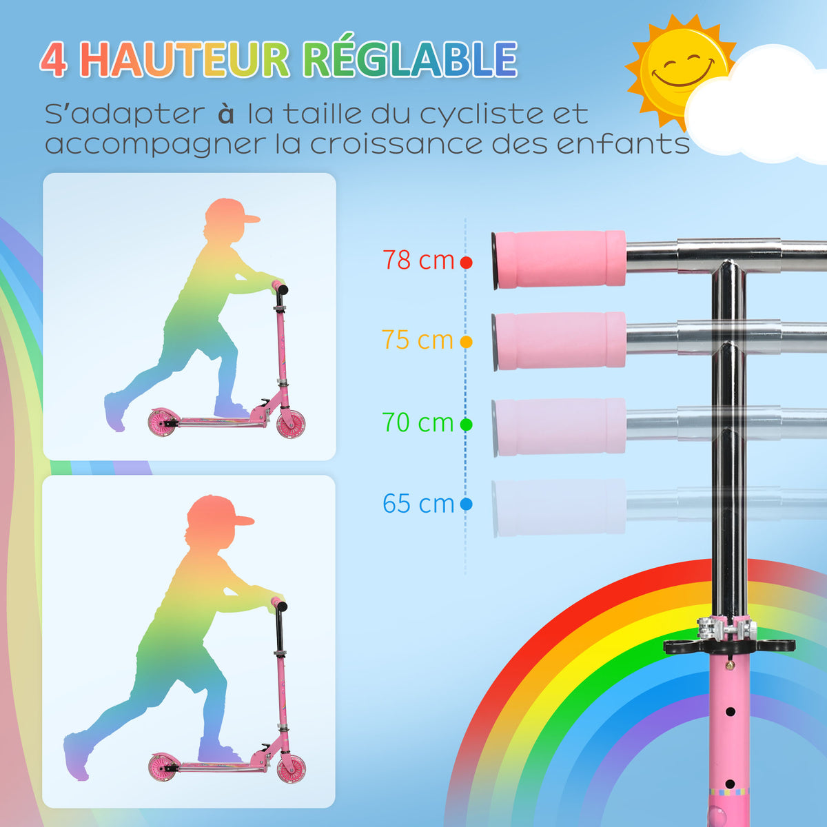 Trottinette pour enfants de 3 à 7 ans pliable roues lumineuses en PU musique 67 x 32 x 78 cm rose-4