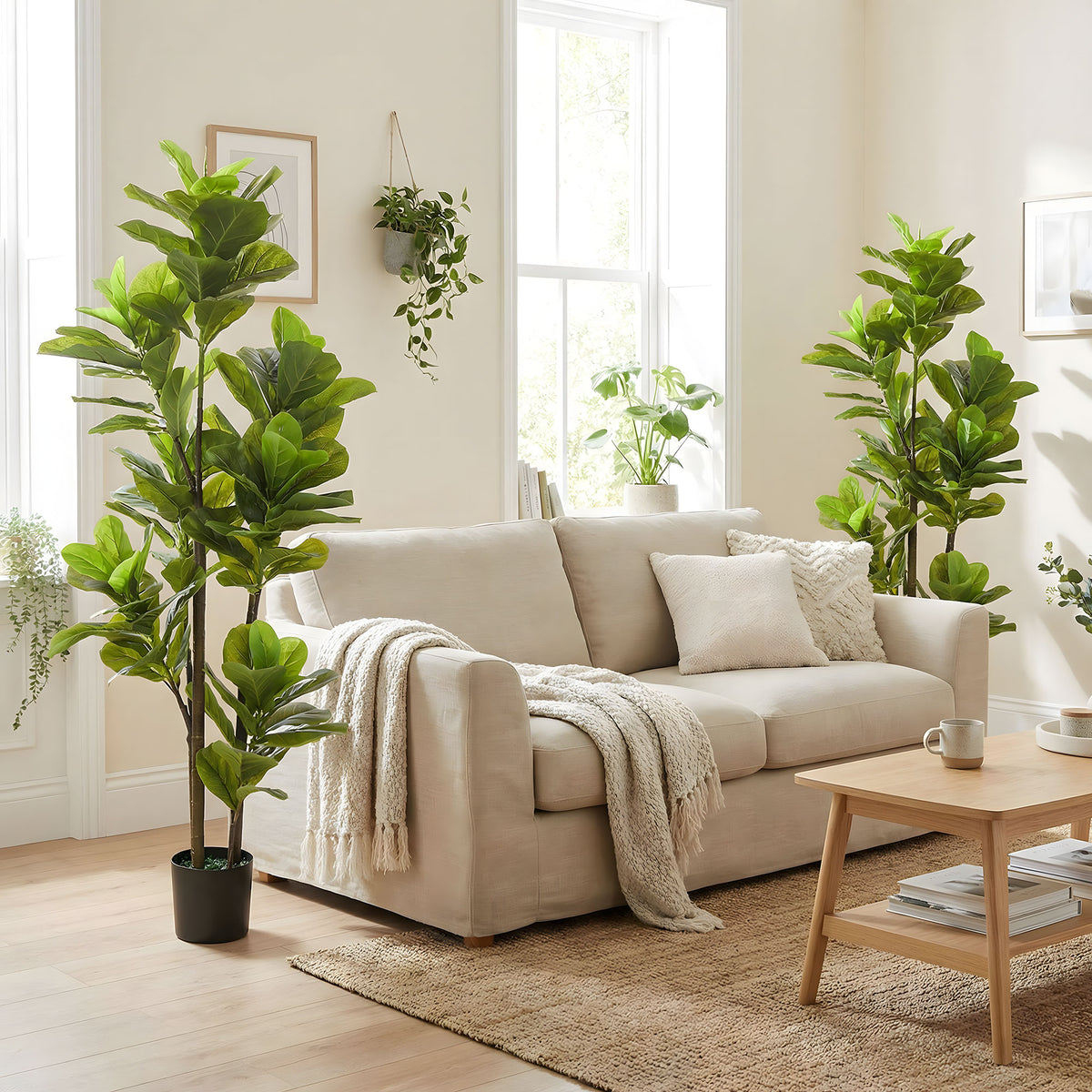 Lot de 2 plantes artificielles intérieures 150 cm, fausse plante à figuier lyre avec pot en ciment, vert-6