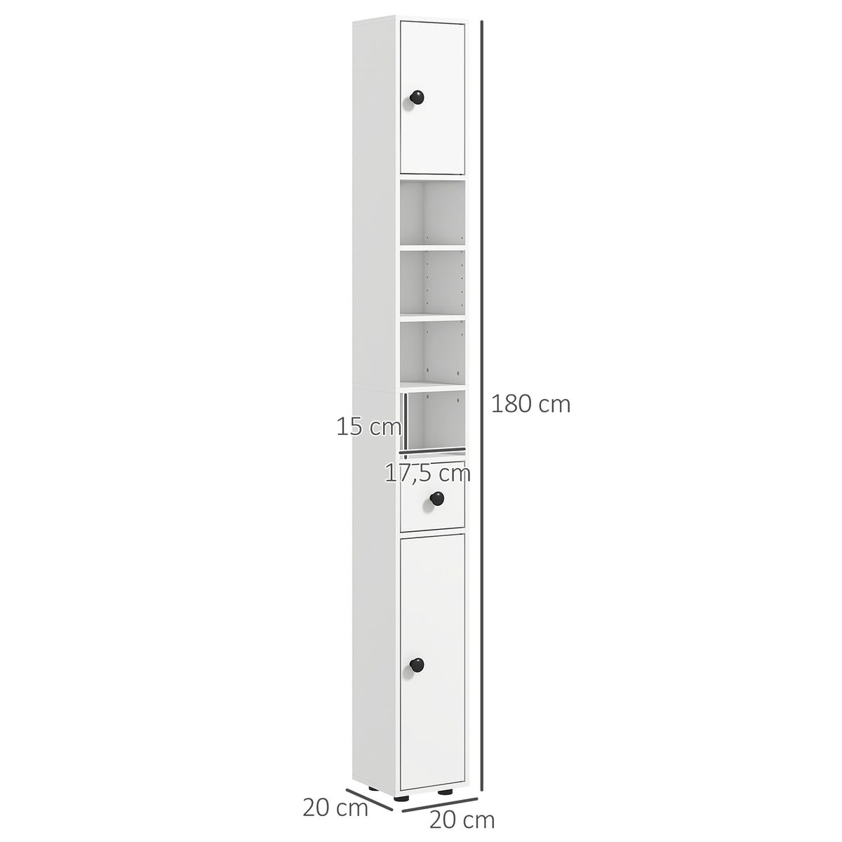 Colonne de rangement armoire haute pour salle de bain 1 tiroir 4 étagères réglables et 2 placards 20 x 20 x 180 cm blanc-2