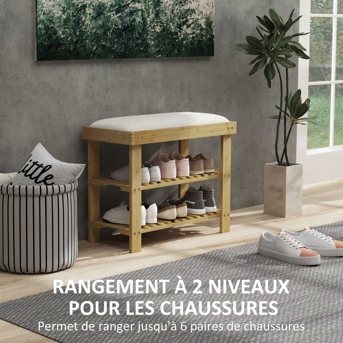 Banc à chaussures en bambou, étagère à chaussures à 3 niveaux, style scandinave, 60 x 29 x 49 cm, crème et bois naturel-4