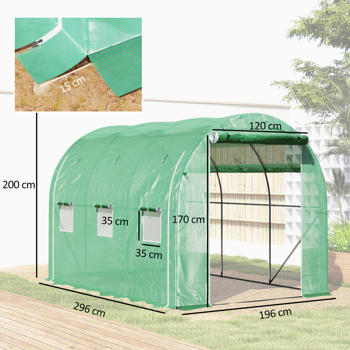 Serre tunnel de jardin 6 m² 3 x 2 m avec 1 porte + 2 parois latérales zippées enroulables, 6 fenêtres, vert-2