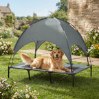 Lit Chien Sureleve avec Parasol, Lit de Camp Chien Chat sur Pieds Tissu Oxford Respirant, Anti-UV Cadre en Métal Sac de Transport Inclus Couchage Extérieur pour Chat 122 x 92 x 108 cm Gris Noir-9