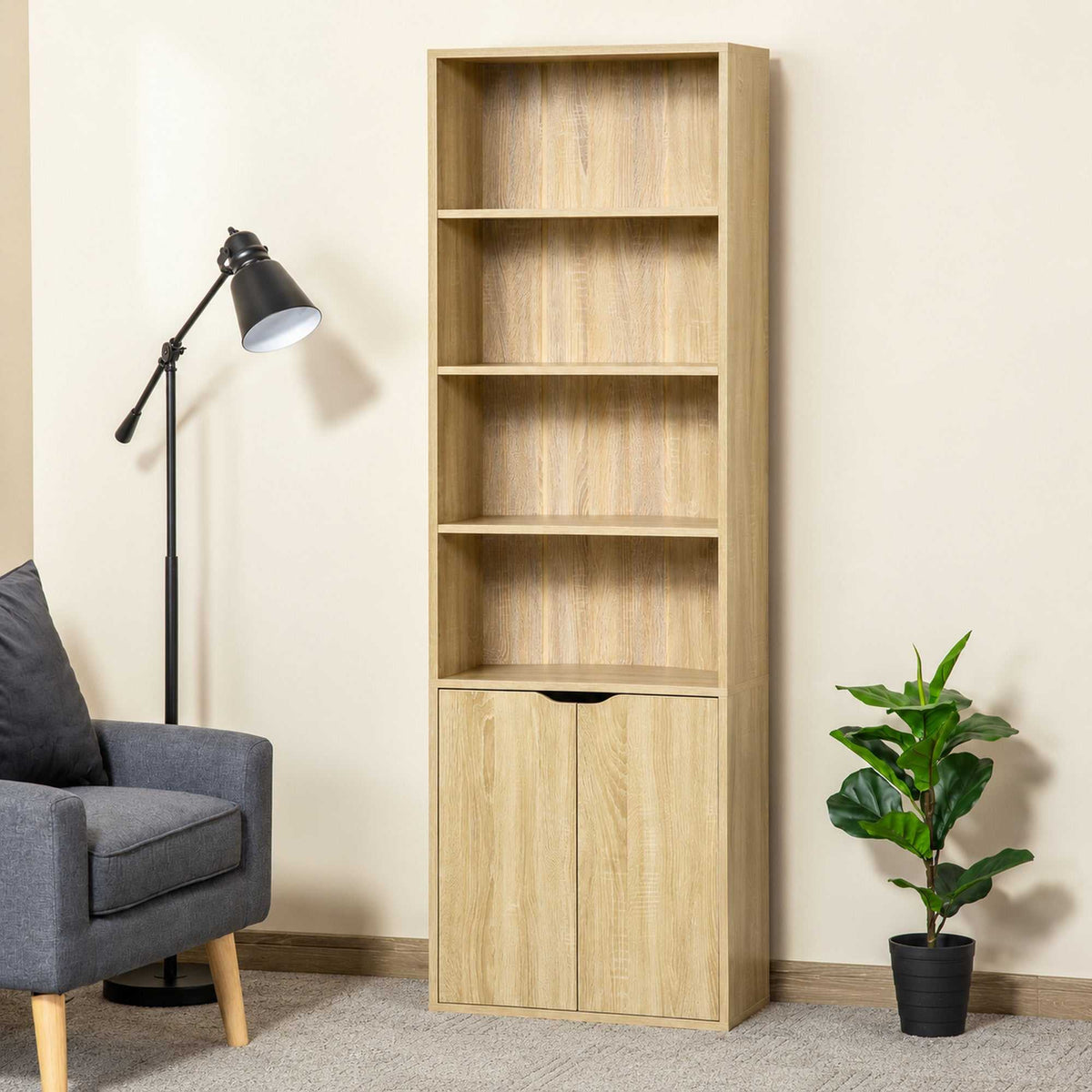 Bibliothèque Armoire à livres avec 4 compartiments ouverts et 2 portes pour le salon et le bureau 59x29x180 cm Bois naturel-1