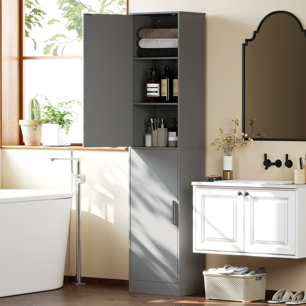 Meuble de salle de bain colonne avec 2 portes et 4 étagères réglables, 40 x 35 x 180 cm, gris-1