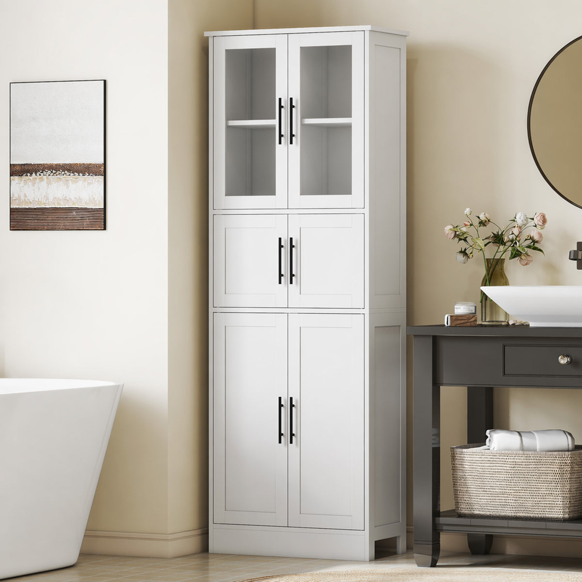 Meuble de salle de bain, meuble de rangement 6 niveaux, 6 portes dont 2 vitrées, étagères réglables, 60x30x170cm, blanc-1
