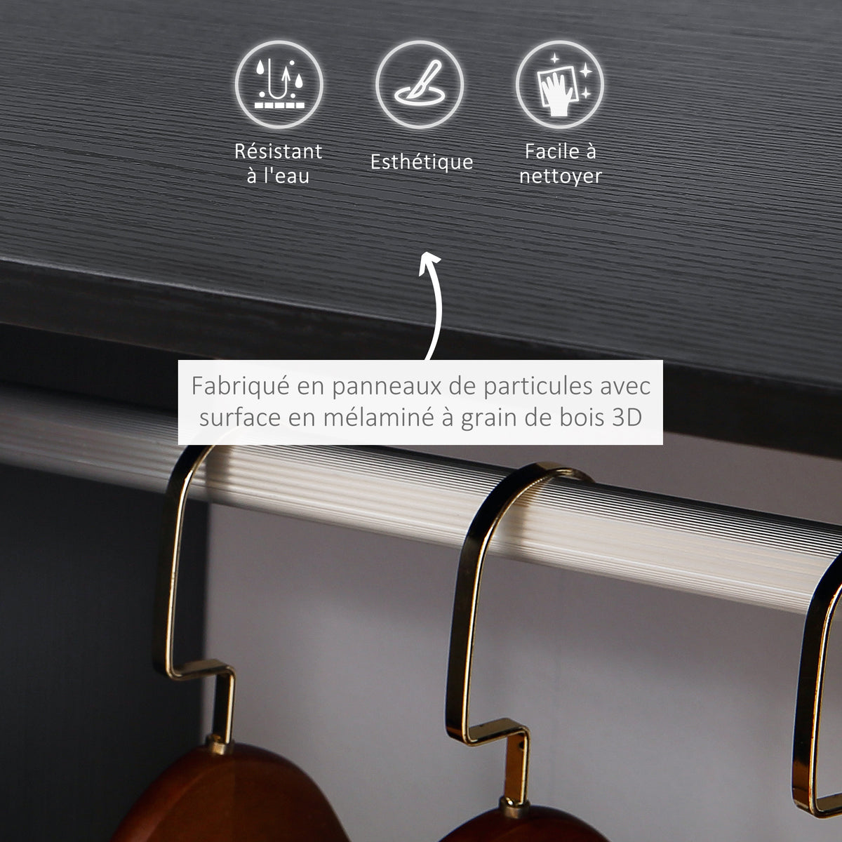 Lot de 2 portants à vêtements penderie mobile avec roulettes 2 niches + Grand Espace penderie en bois noir-3