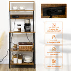 Étagère de cuisine support pour micro-ondes avec 2 chargeurs USB et 2 prise de courant, 5 crochets et étagère réglable-3