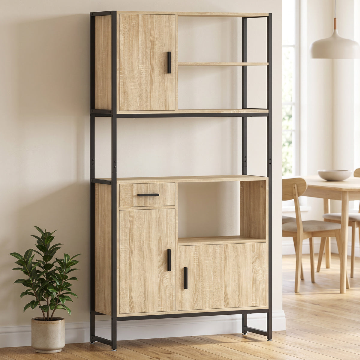 Buffet Haut Cuisine, Armoire de Cuisine, 3 Portes à Fermeture Douce, Tiroir, Plan de Travail, Niches Ouvertes, Naturel-1