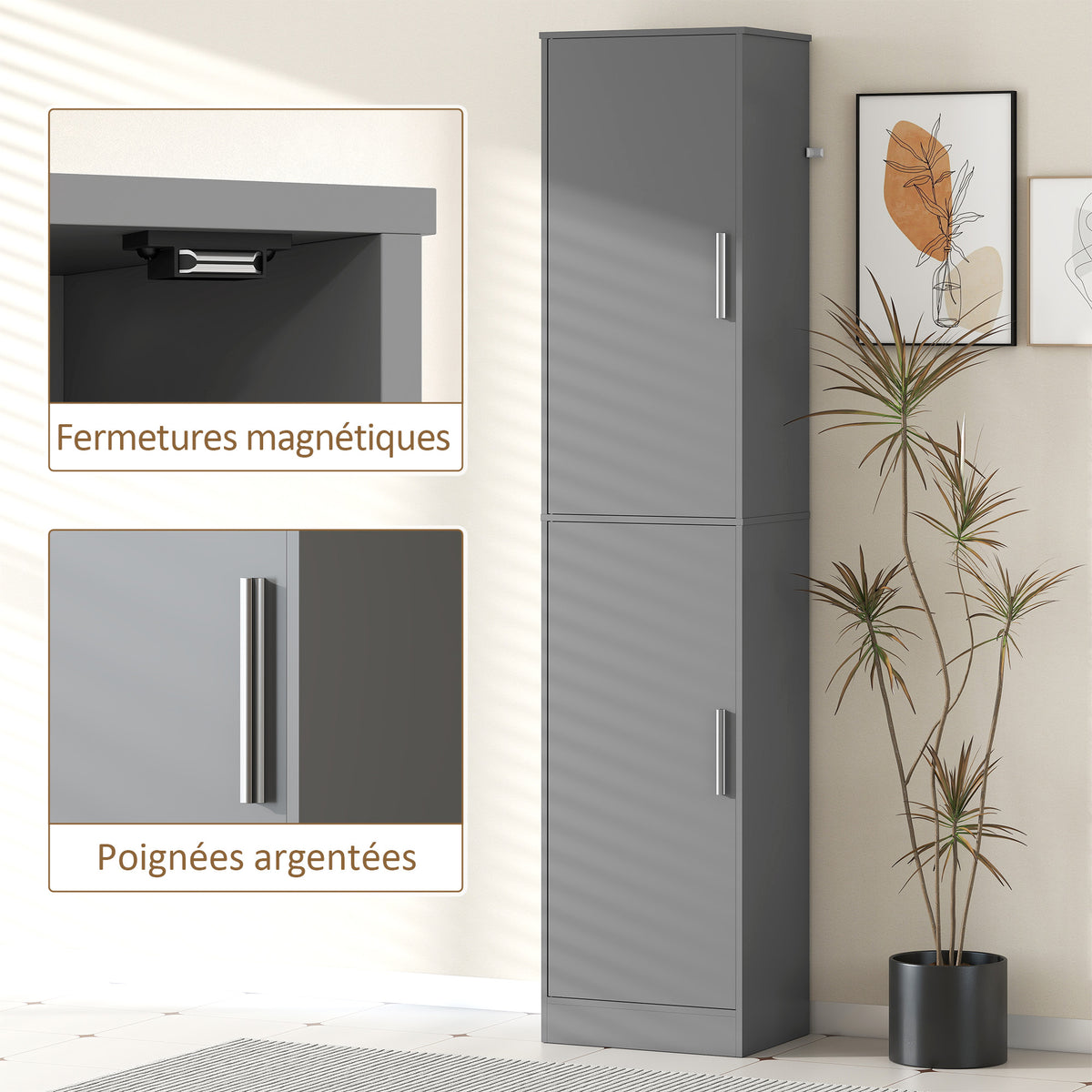 Meuble de salle de bain colonne avec 2 portes et 4 étagères réglables, 40 x 35 x 180 cm, gris-5