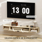 Meuble TV suspendu, meuble télé pour téléviseur jusqu'à 60 pouces, tiroir rabattable 2 étagères 140x24x16cm bois naturel-4