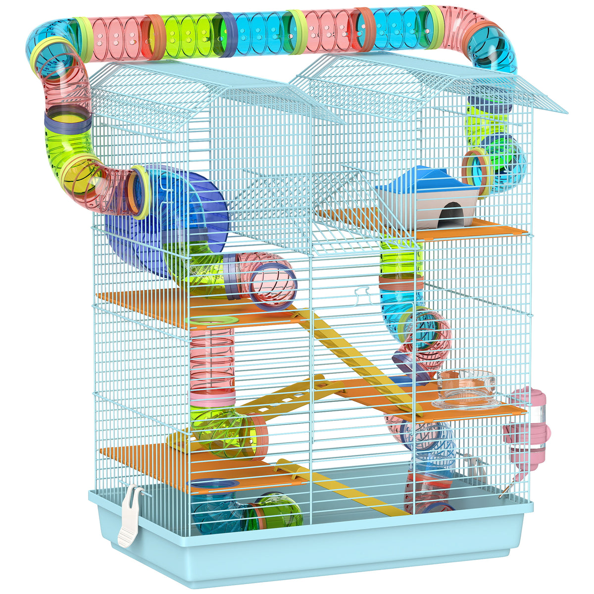 Cage pour hamster souris petit animaux rongeur avec tunnel mangeoire roue jouet 47 x 30 x 59 cm bleu clair-0