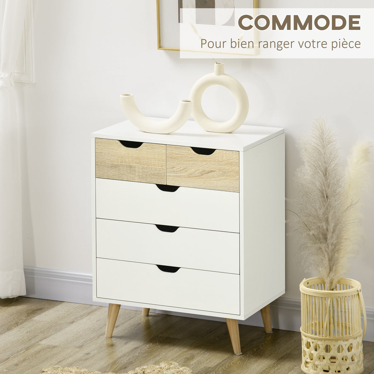 Commode 5 tiroirs meuble de rangement 4 pieds biseautés - bois, 60 x 40 x 77,5 cm, blanc-3