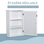 Armoire Murale de Salle de Bain avec Miroir - Armoire à Glace - Placard de Rangement Toilettes - 1 Porte, 2 étagères - Verre MDF Blanc-4