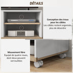 Meuble TV sur roulettes avec 2 Freins - 2 niches + Placard Porte 2 Passe-Fil - en bois Blanc chêne Clair-5