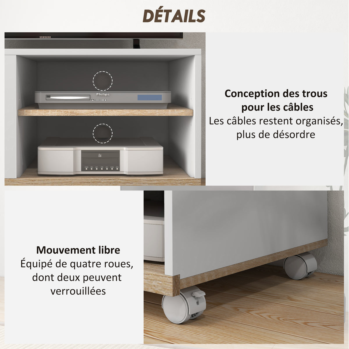 Meuble TV sur roulettes avec 2 Freins - 2 niches + Placard Porte 2 Passe-Fil - en bois Blanc chêne Clair-5