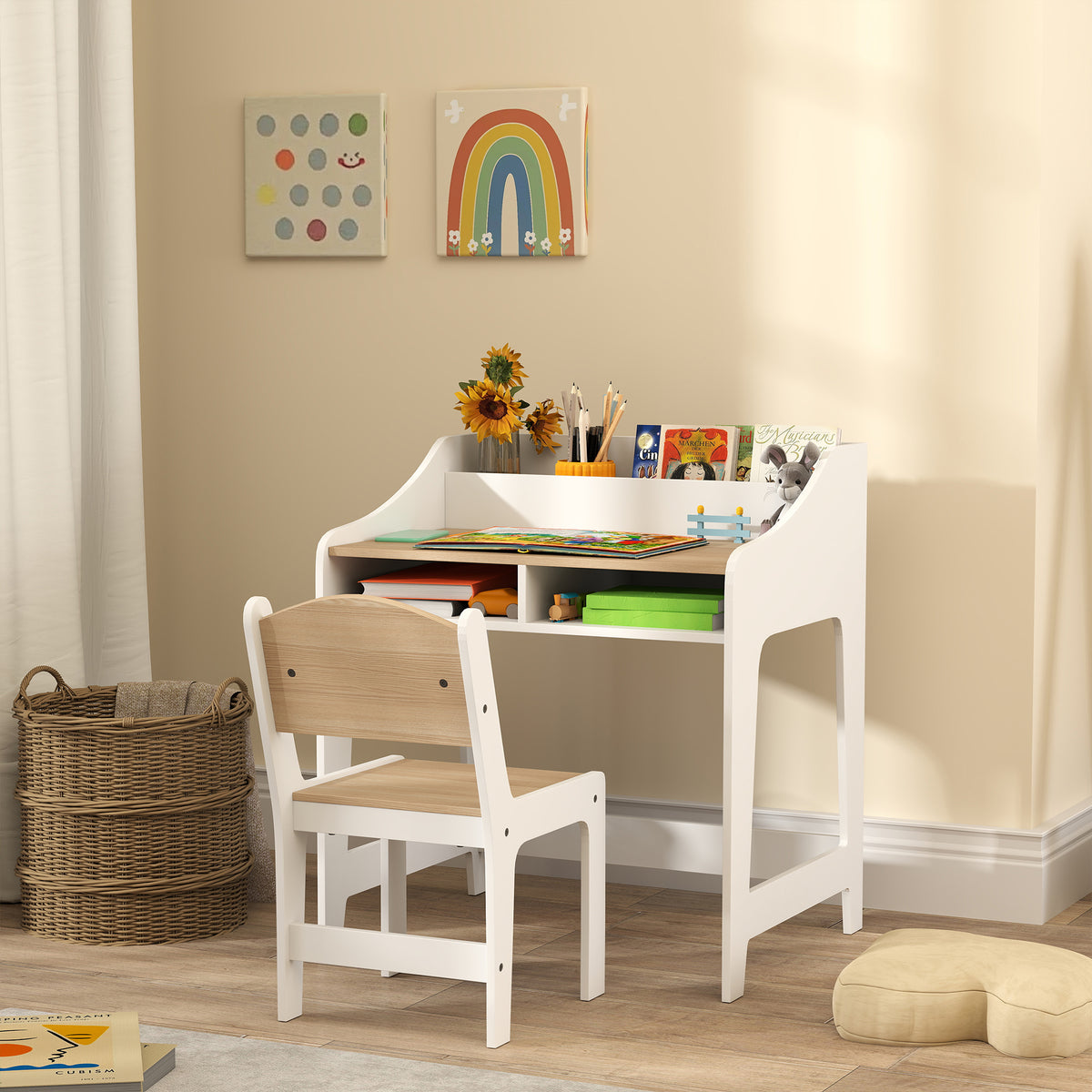 Ensemble bureau et chaise pour enfant 3 à 8 ans avec compartiments et étagères ouverts, effet bois naturel-1